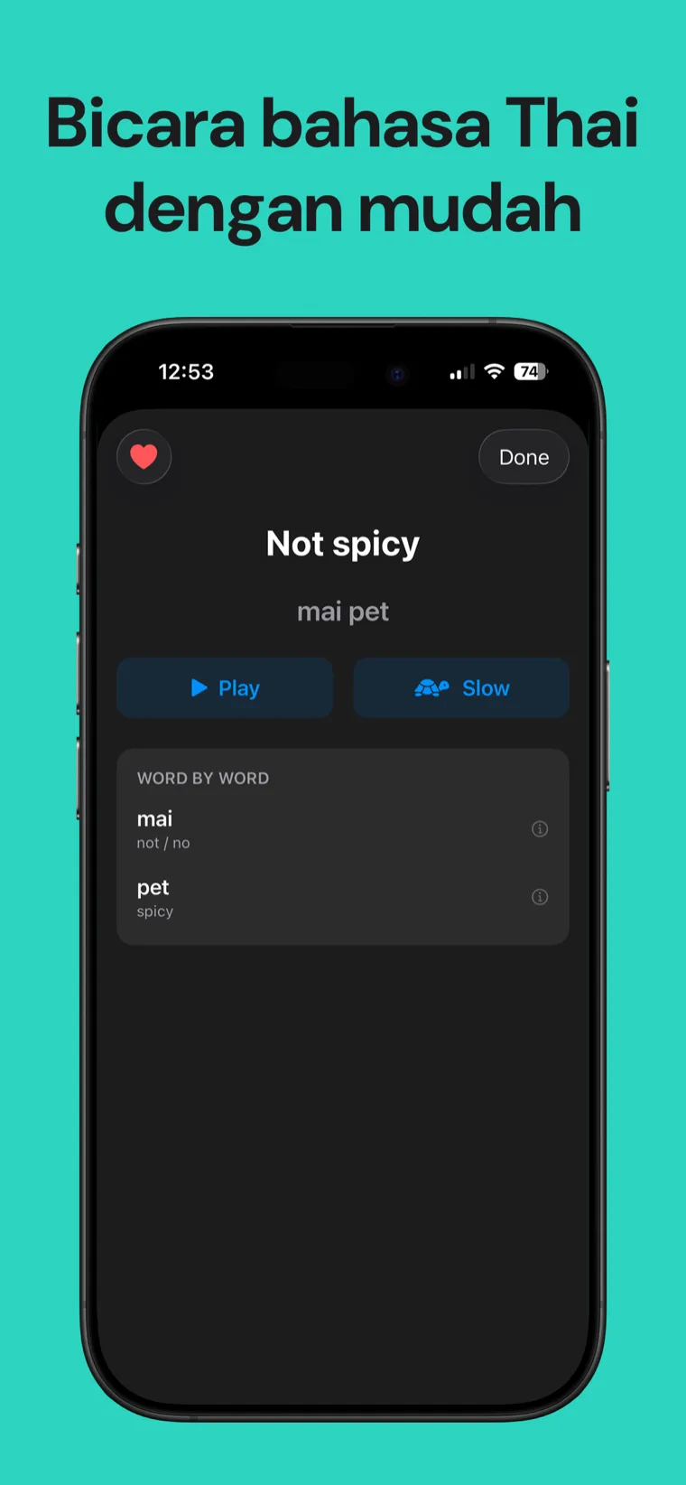 Bicara bahasa Thai dengan mudah — Frasa Thailand: Bicara di iPhone menampilkan kartu frasa dengan fonetik, audio asli pada kecepatan penuh atau lambat, dan perincian kata per kata