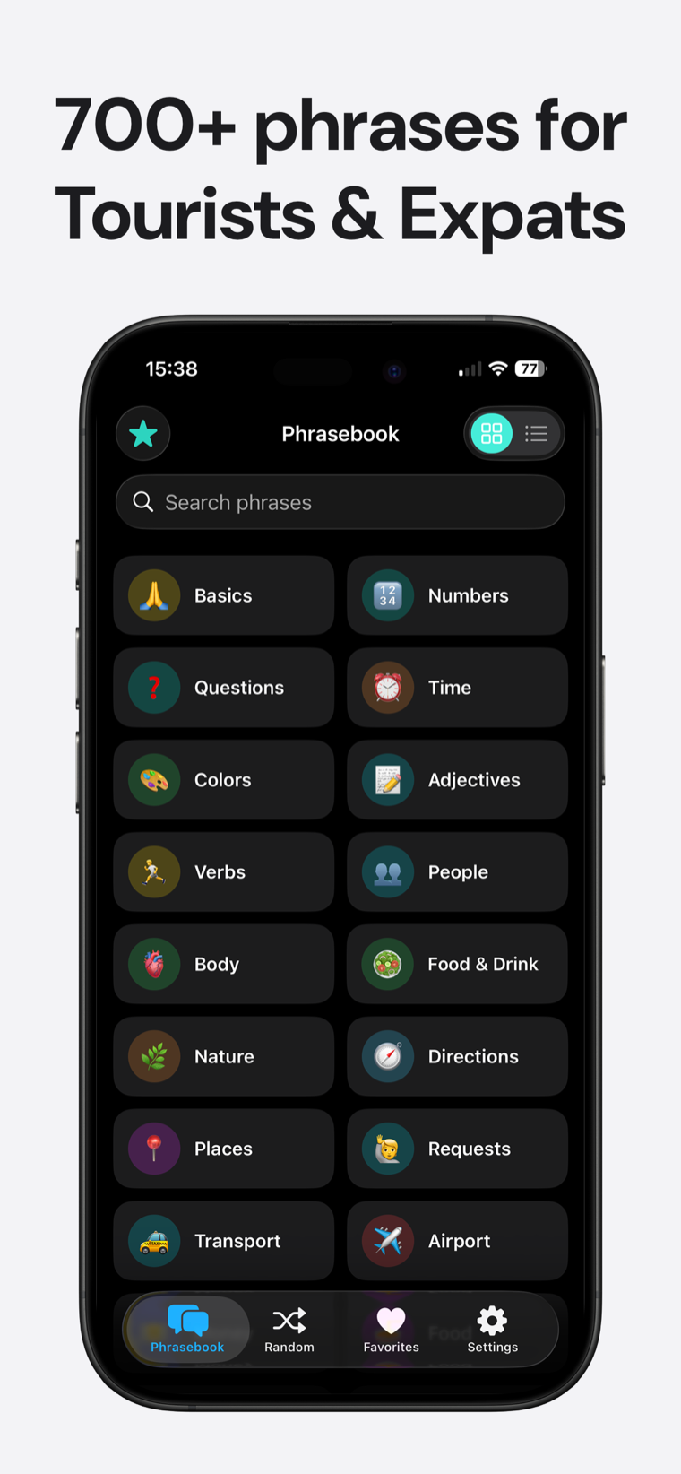 700+ phrases for tourists and expats — Thai Phrasebook home screen with search and real-world categories like Food & Drink, Transport and Airport