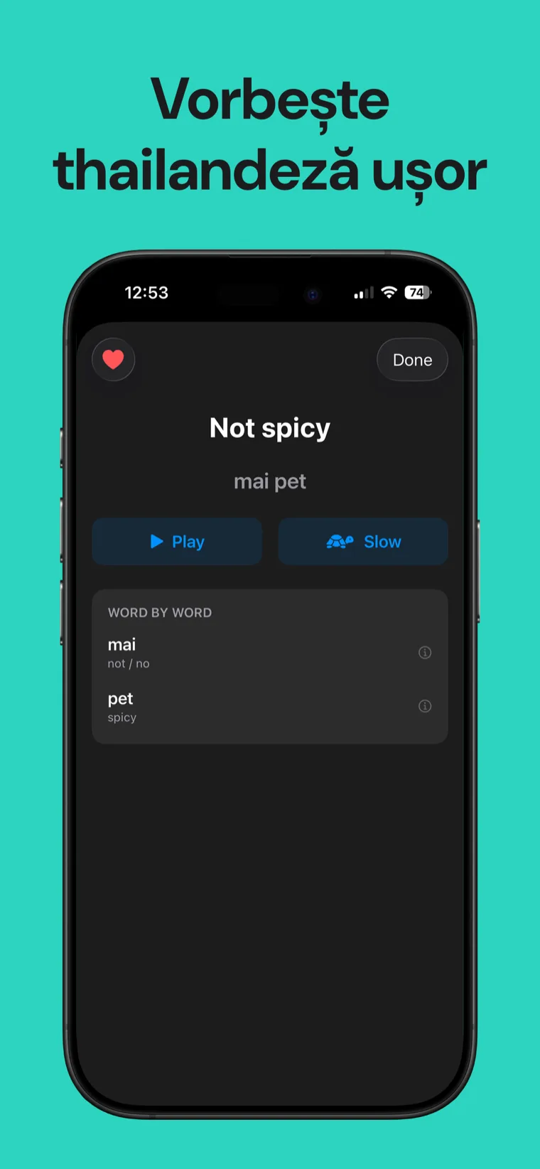 Vorbește thailandeză ușor — Fraze Thailandeză pe iPhone arătând o fișă de expresie cu fonetică, audio nativ la viteză normală sau redusă și o descompunere cuvânt cu cuvânt